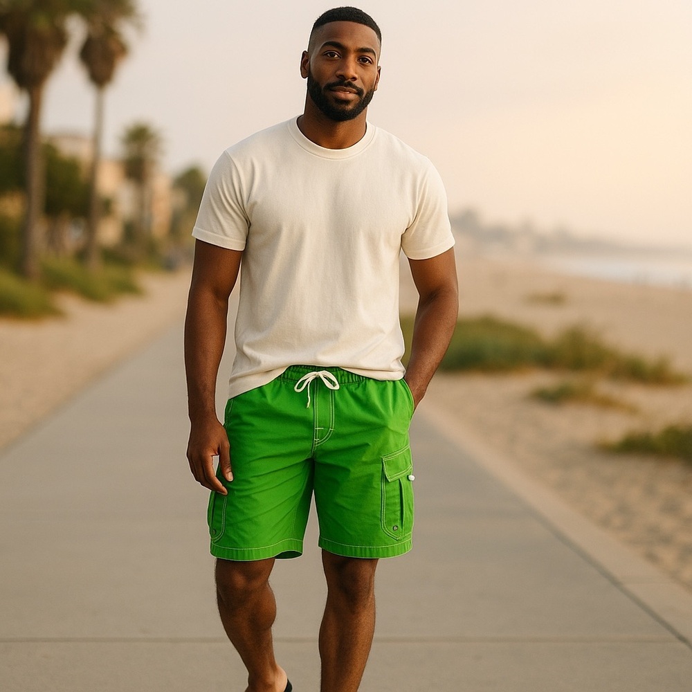 No Boundaries Lime Green Cargo Swim Trunks